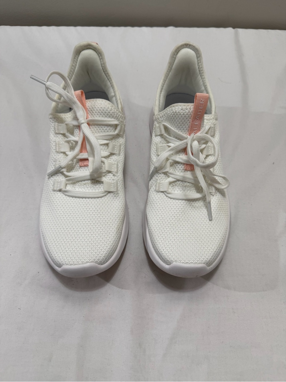 Women’s White Knit Athletic Sneakers with Pink Pull-Tab